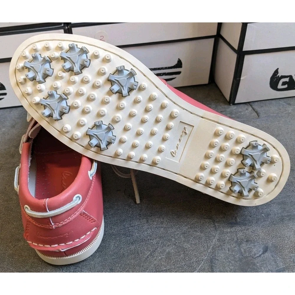 Canoos Golf Shoes Women's 9.5 Coral Pink & White Leather Boat Loafers Cleats
